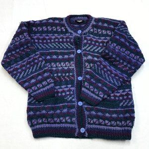 Ganesha Himal Hand Knit Nepal Women 100% Wool Button Up Sweater Pocket